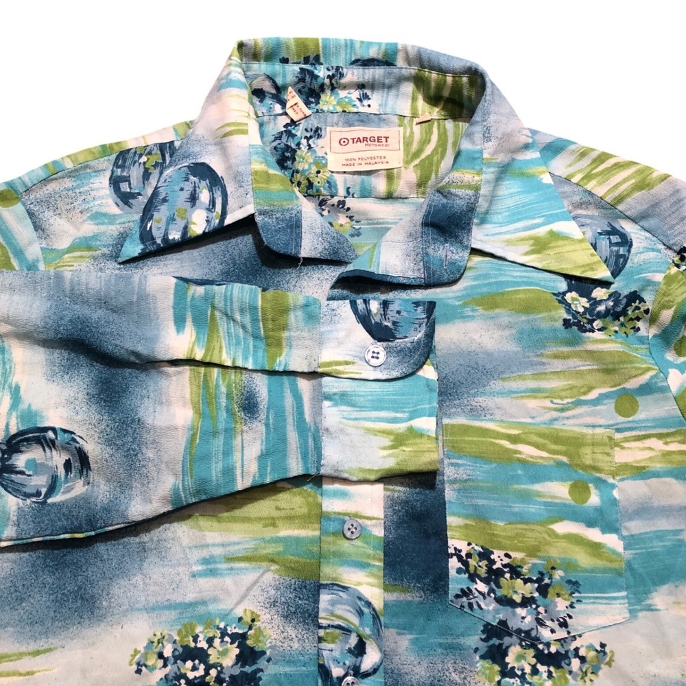 Vintage 70s Target Mens XL Blue Green Floral Abstract‎ Print Button Down Shirt